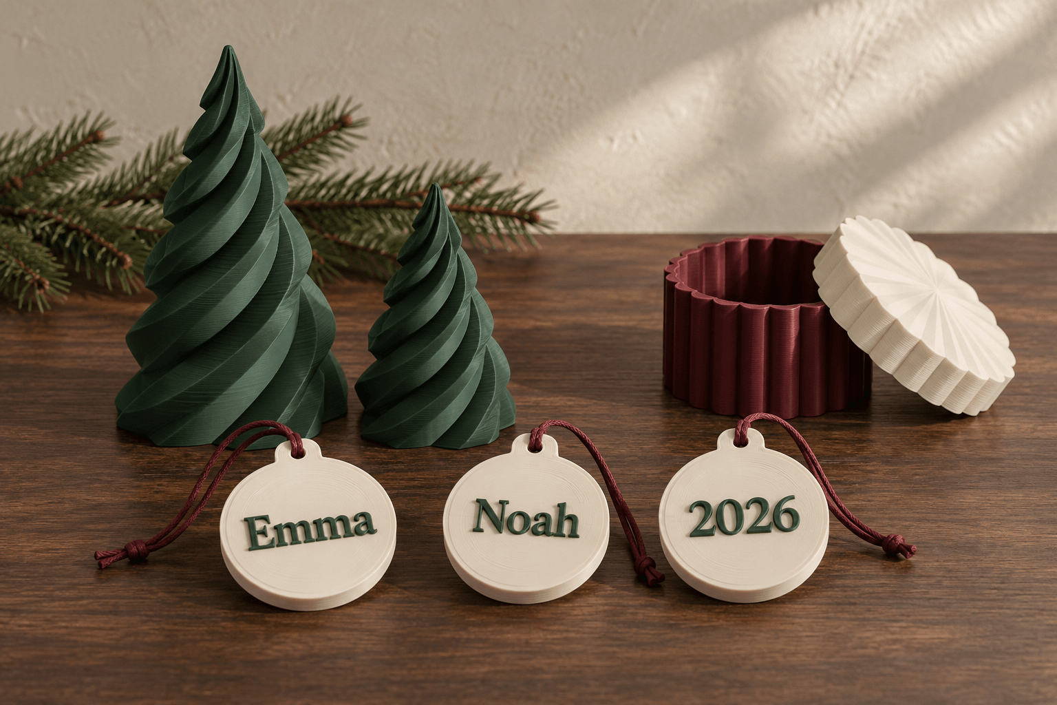 Christmas collection with two green spiral evergreen displays, Emma and Noah ornaments, a year ornament, and burgundy gift box