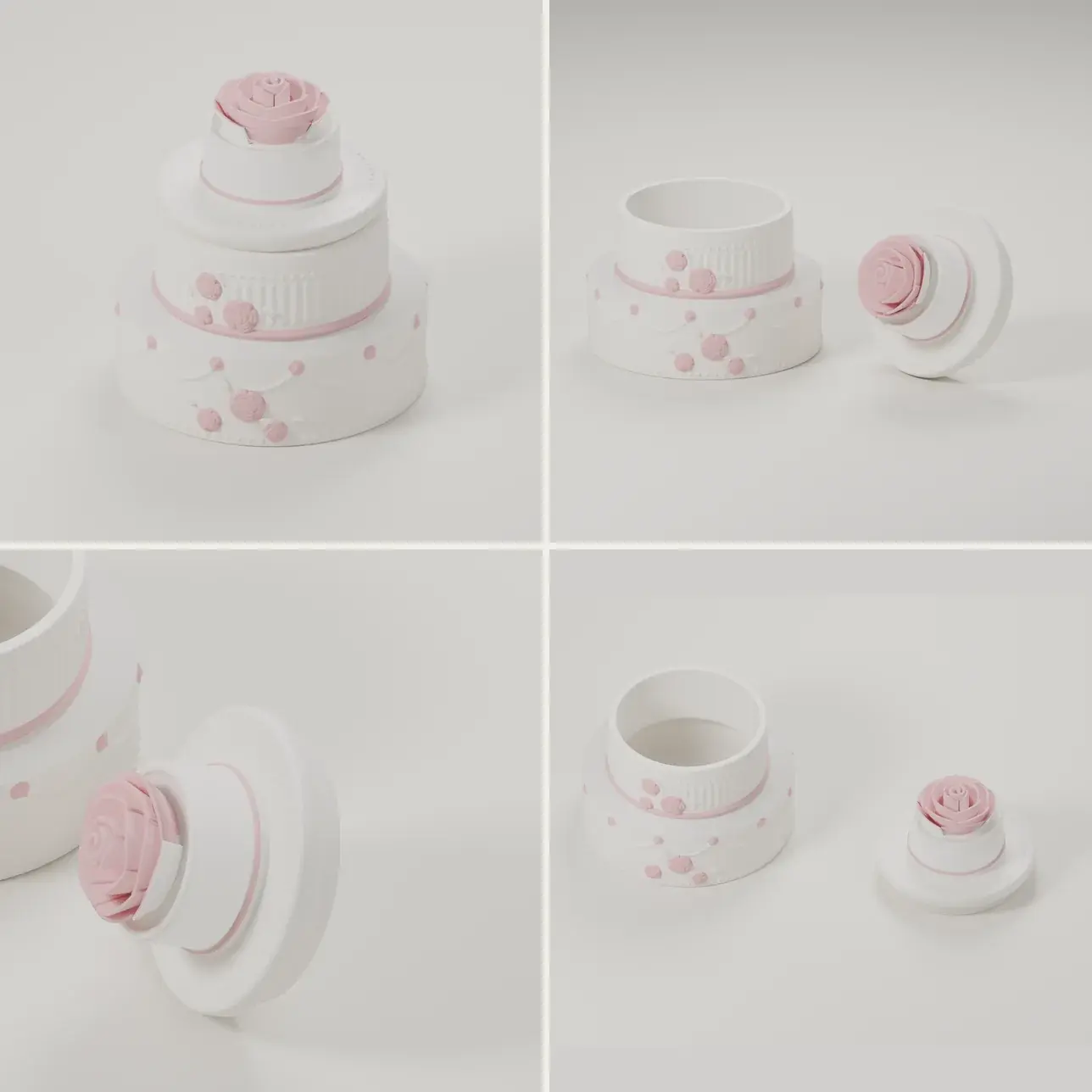 Four review renders of the tiered wedding cake box from its print-ready files: closed, open, a close view of the rose lid, and both parts laid out as they print