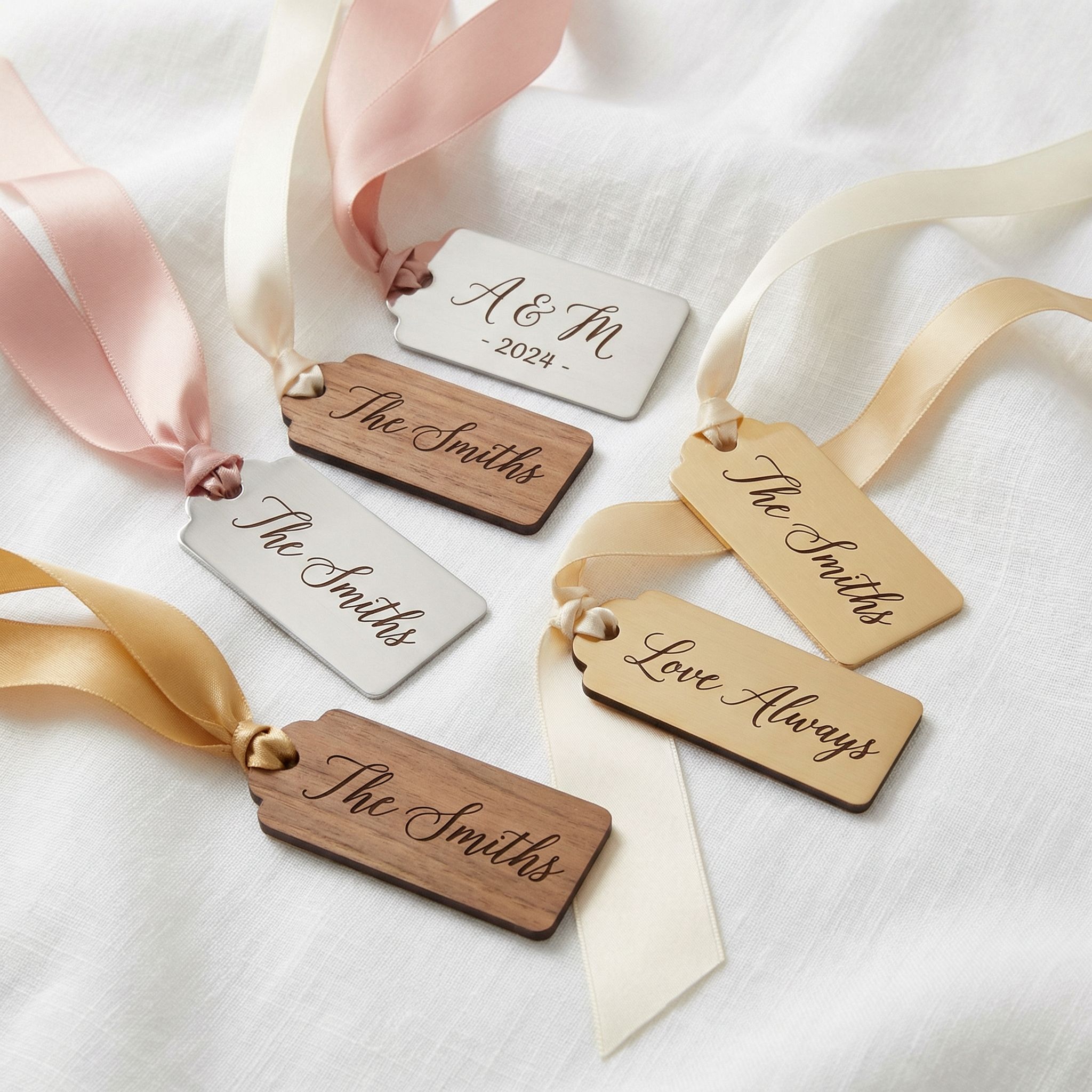Personalized keepsake tags in wood and acrylic