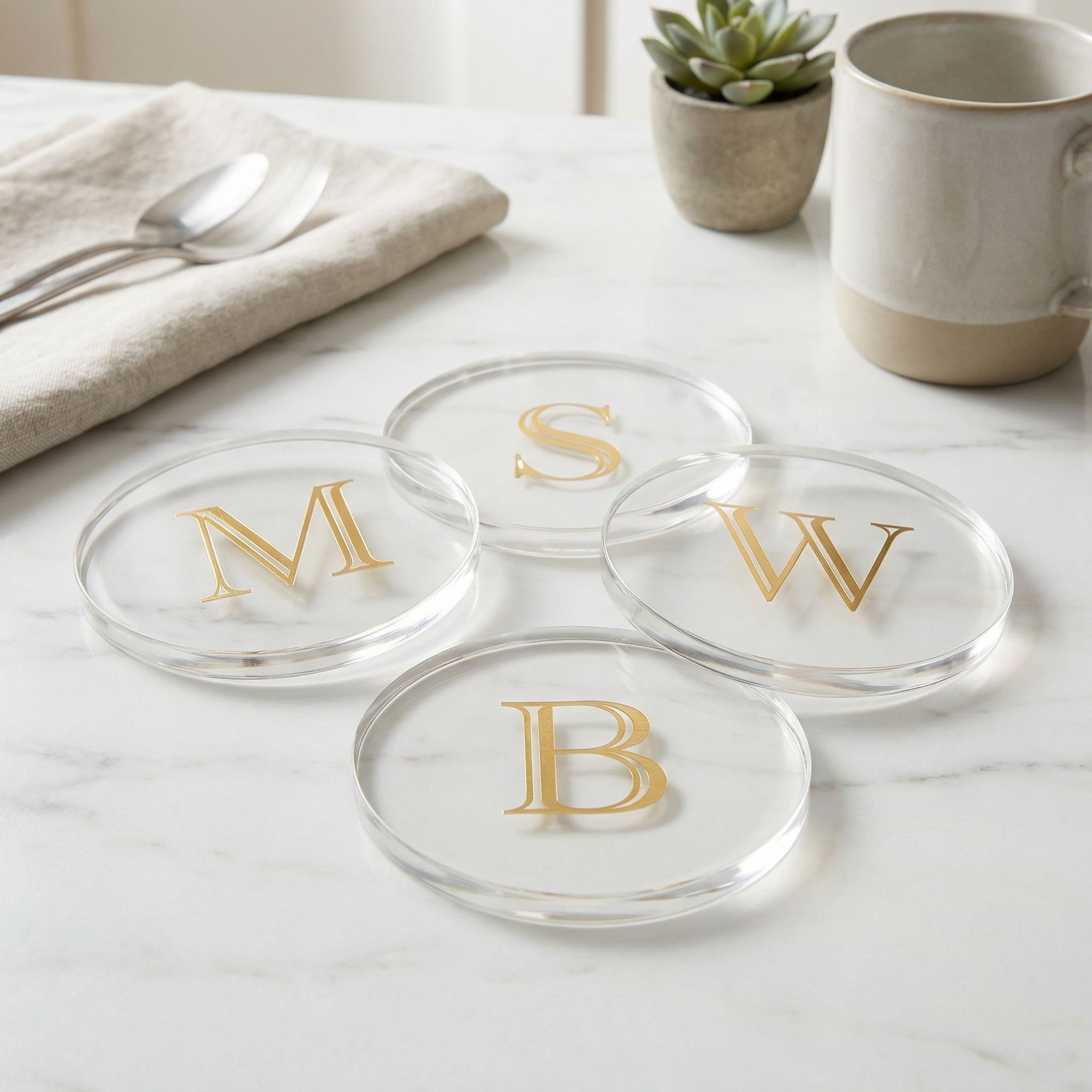 Monogrammed glass coasters with gold initials