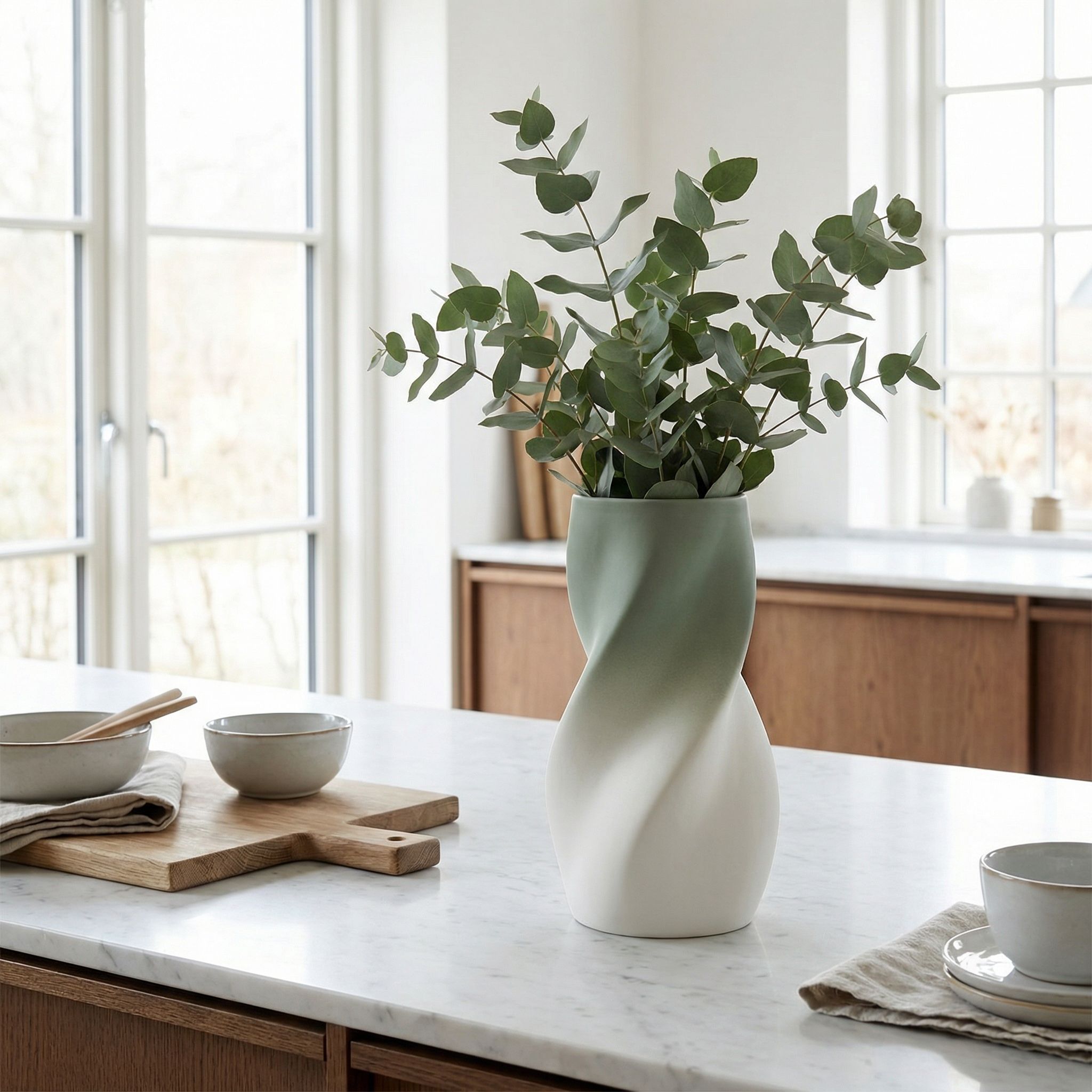 Twisted vase with eucalyptus on kitchen counter