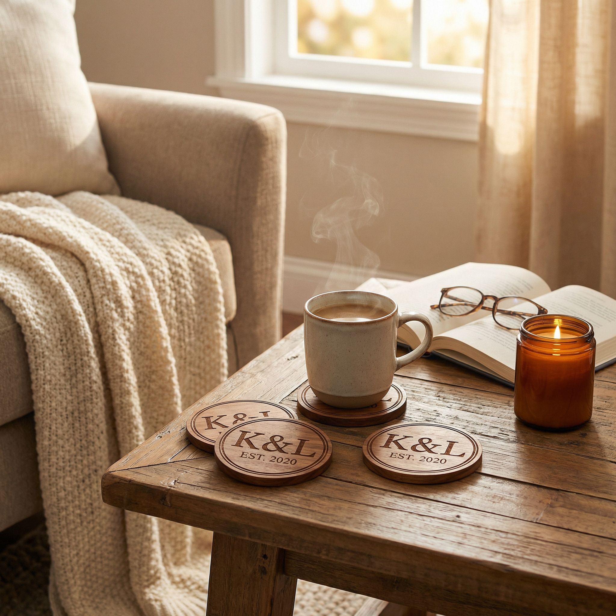 Personalized wood coasters on coffee table