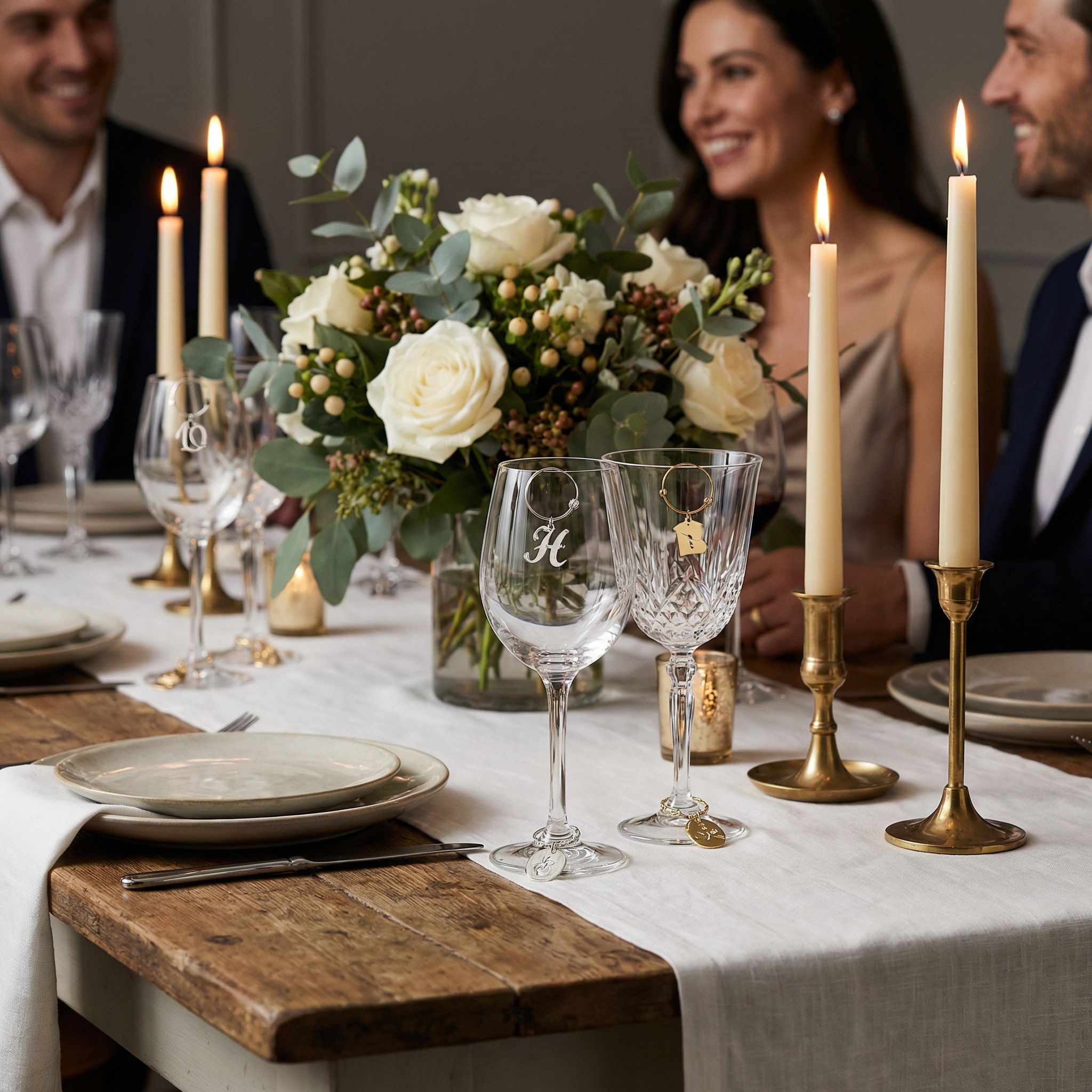 Personalized wine charms at a candlelit dinner